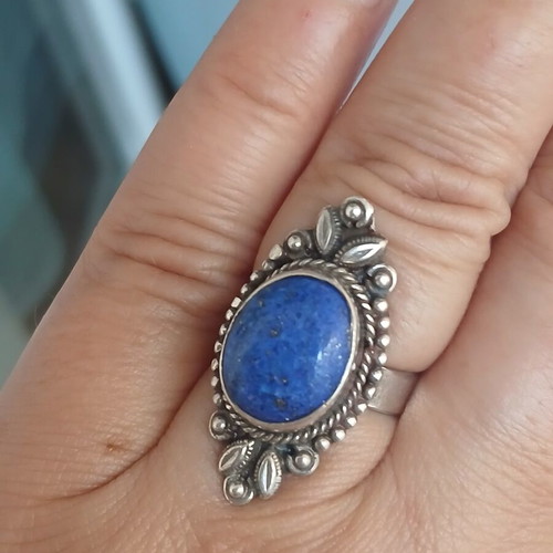 Handmade silver-plated ring with genuine lapis lazuli, 17.5 mm