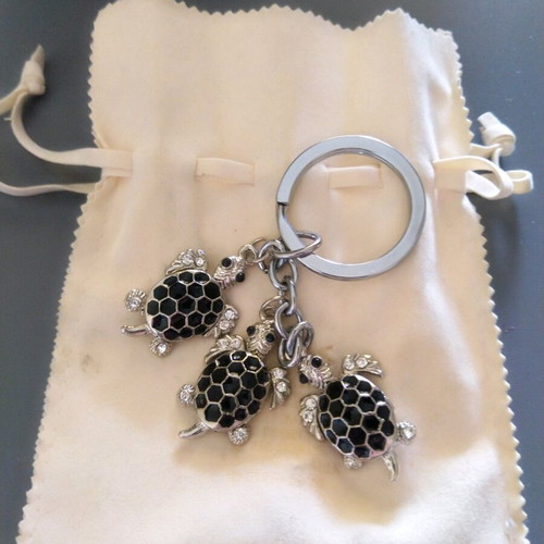 Metallic turtle keychain charm new with black enamel and crystals