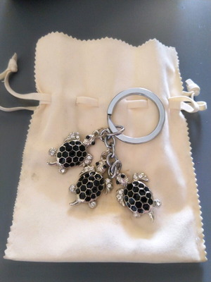 Metallic turtle keychain charm new with black enamel and crystals