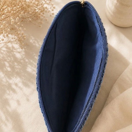 Handmade crochet bag, blue, with inner lining and silver zipper