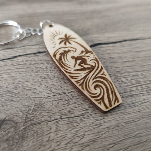 Wooden surfboard keychain handmade by A To Z Greek, new