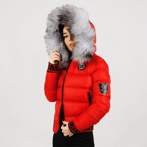 Luxury women's winter jacket with fur hood, new, red