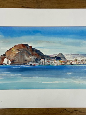 Limnos Watercolor in Passepartout by Artist G. Papadoperakis