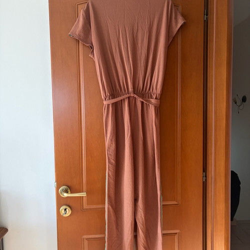 Enzzo fabric jumpsuit like new, brown with green stripe, size M