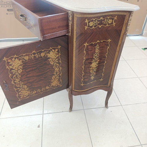 Vintage Louis XV Demilune Sideboard with Marquetry and Marble used