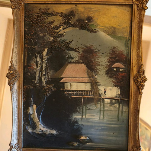 Vintage oil painting of Asian landscape like new with embossed details and gold carved frame