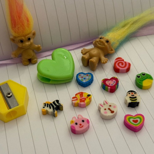 School set new with erasers, heart clip, sharpener and wish trolls