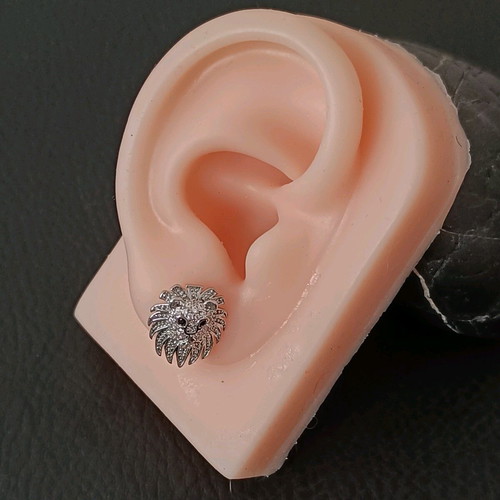 Stainless steel lion head stud earrings with zirconia