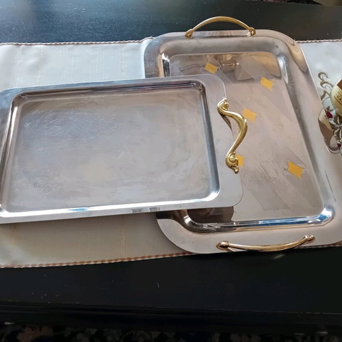 Set of three used serving trays, stainless steel inox 18/10 with gold details