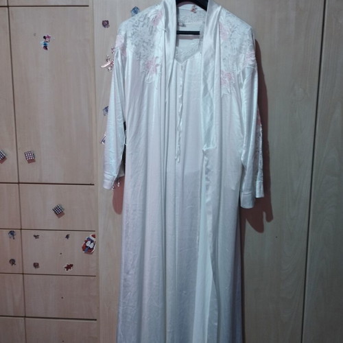 Satin nightgown set with robe like new, white and pink