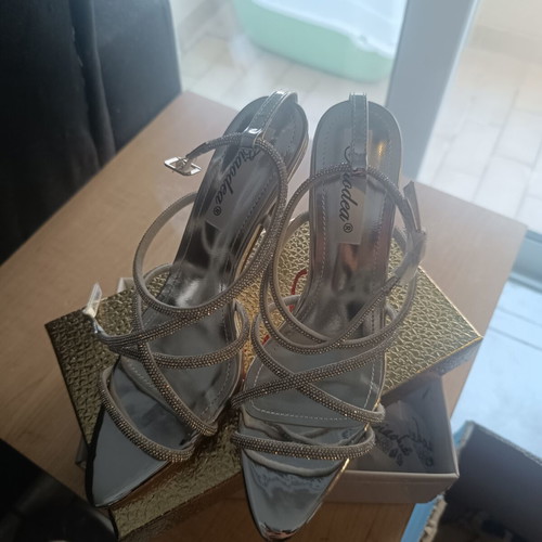 Silver high-heeled sandals, narrow fit, size 38