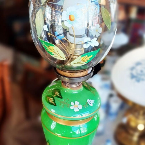 Vintage table lamp with green opaline base and floral bird motifs