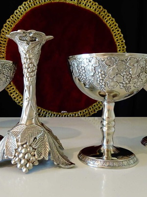 Japanese wine and champagne glass set used, 3 pieces, silver-plated copper