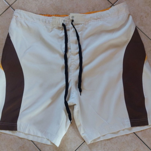 Iguana men's long swim shorts XXL like new, beige with brown and mustard stripes