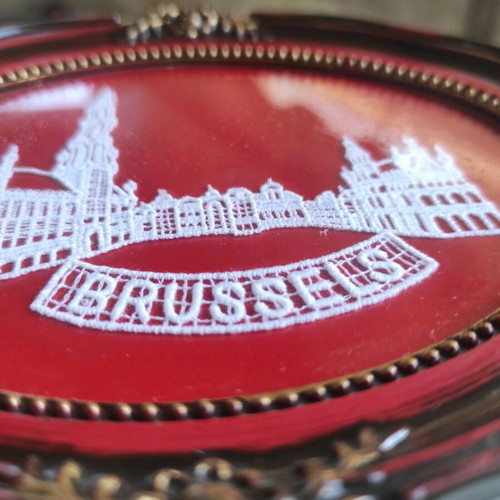 Brussels embroidered picture from Grand Palace City Hall with glass front like new