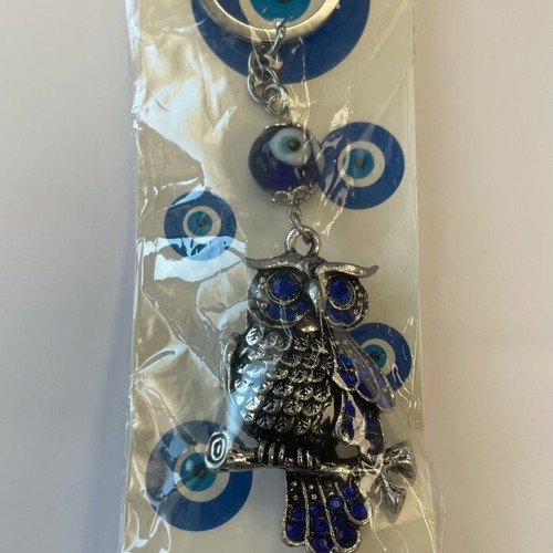 Good Luck Keychain with Owl and Eye new, blue and silver