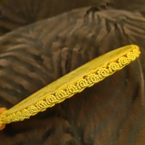 Vintage hand mirror 1960s with fleur-de-lis fabric trim, 29 cm