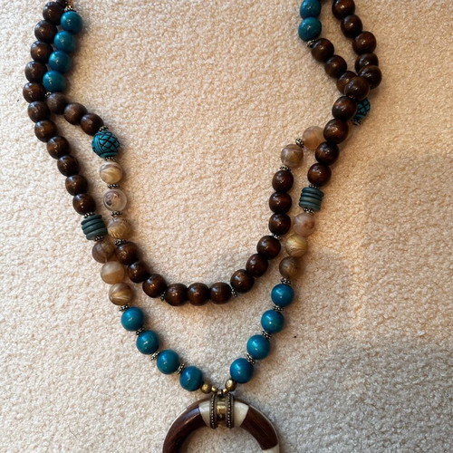 Long handmade necklace with wooden beads in brown and turquoise, like new