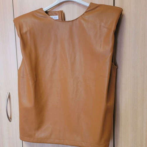 Mango leather blouse tan like new with padded shoulders