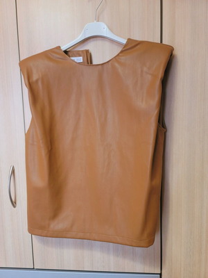Mango leather blouse tan like new with padded shoulders