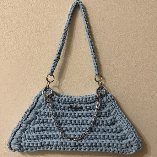 Handmade handbag like new, blue and turquoise with silver chain