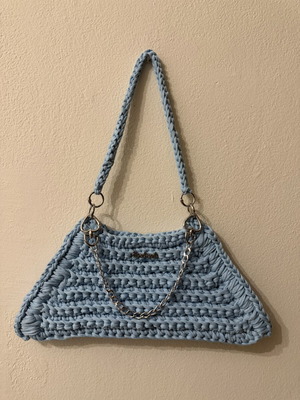 Handmade handbag like new, blue and turquoise with silver chain