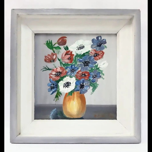 Vintage Scandinavian painting flowers in vase signed K.G.V.46 used