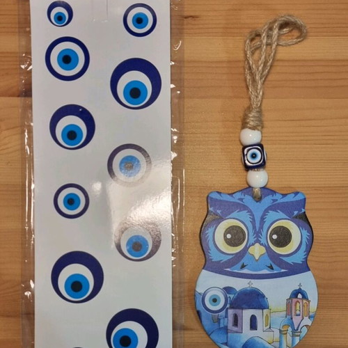 Owl Greece Hanging Glass Charm with Eye and Island 24x13x9cm new