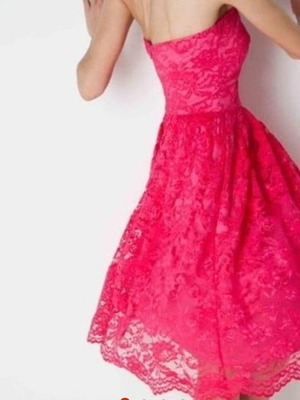 Φόρεμα Despoina Vandi midi strapless μεταχειρισμένο, φούξια δαντέλα, μέγεθος M