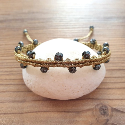 Handmade macrame bracelet with metallic gold cord and hematite stones new