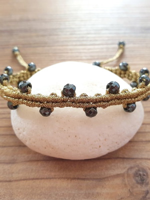 Handmade macrame bracelet with metallic gold cord and hematite stones new