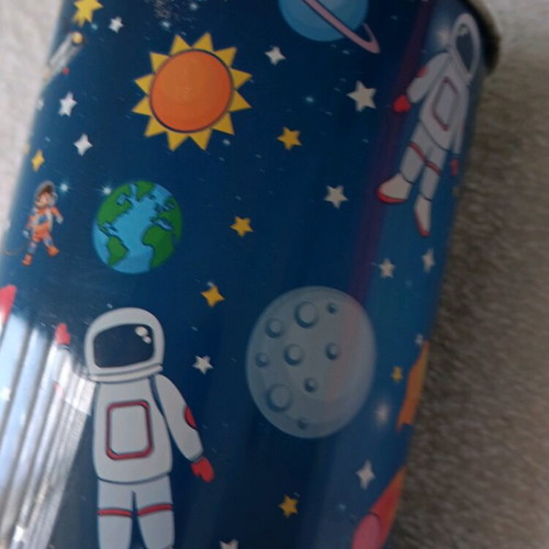 Space-themed pencil case and stickers new, includes metal piggy bank