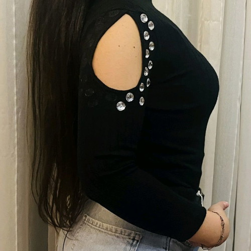 Black blouse used with shoulder cutouts and missing rhinestones