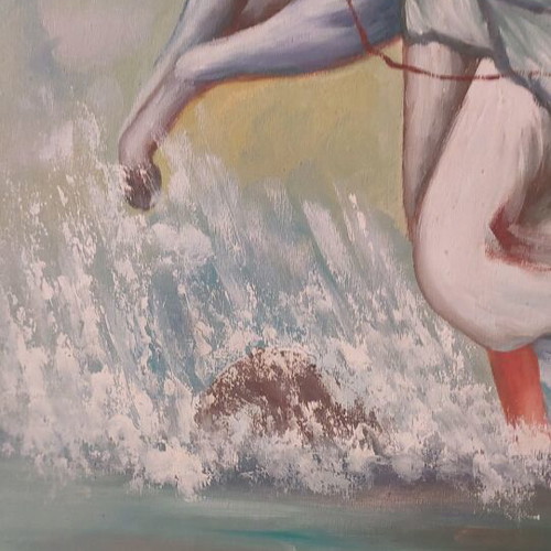 Oil painting of girl with white horse in water like new