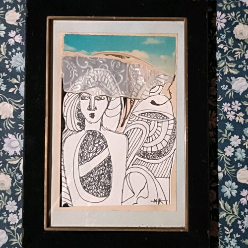 Mixed media painting and collage custom made in vintage frame