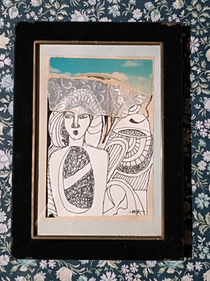 Mixed media painting and collage custom made in vintage frame