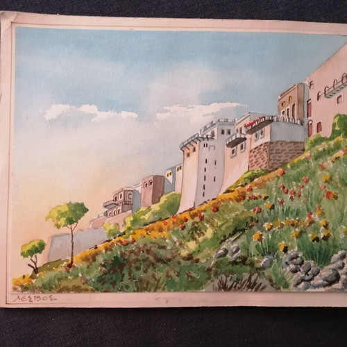 Lesbos watercolor painting used, pencil, 20x30cm