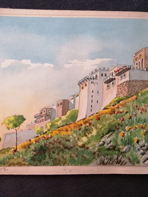 Lesbos watercolor painting used, pencil, 20x30cm
