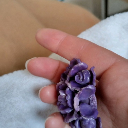 Clip-on earrings used, plastic, flower shape, purple