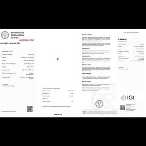 Natural Yellow Sapphire 0.87ct IGI Certified, Eye Clean, Oval Cut