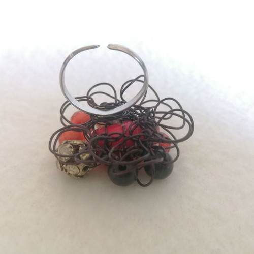 Handmade ring new with black, red and silver beads