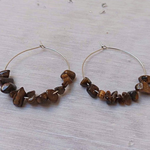 Tiger's Eye Stone Hoop Earrings new, beige and brown