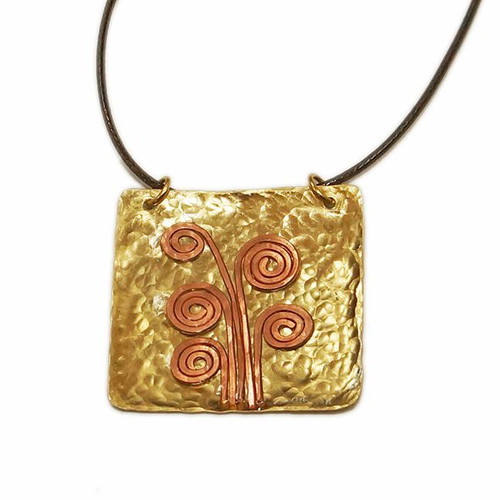 Spiral flower pendant new handmade hammered brass and copper