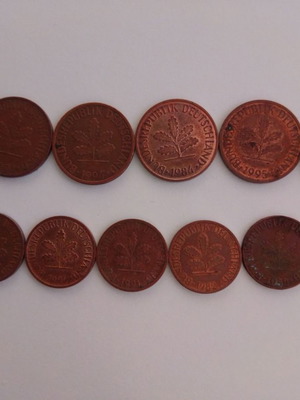 Pfennig used, pack of 10 coins of 1 and 2