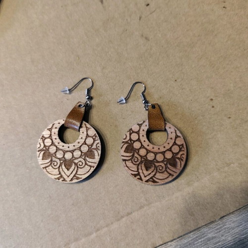 Wooden Mandala earrings with leather detail new