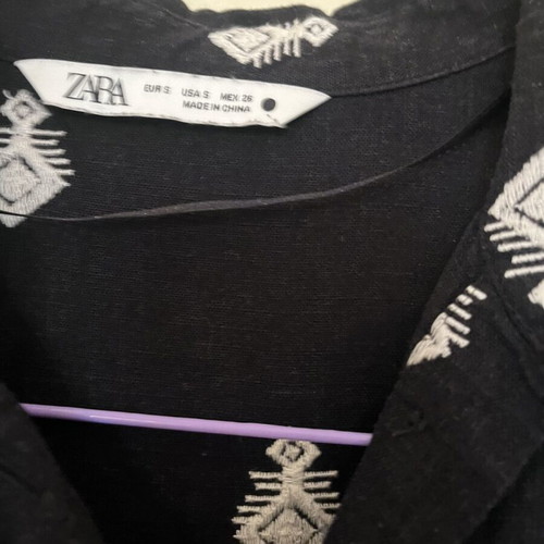Zara black shirt with white embroidery, slim fit, like new