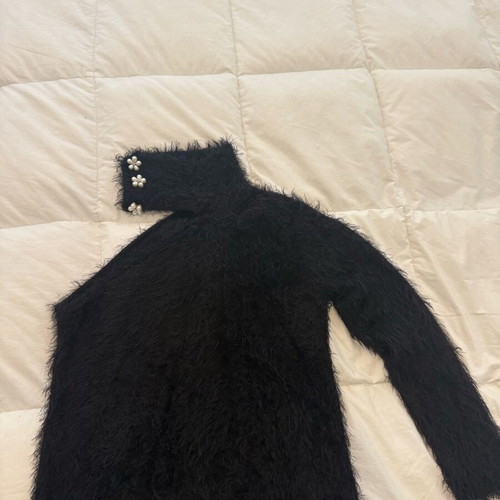 Fluffy black blouse like new with floral pearls, one sleeve, small medium
