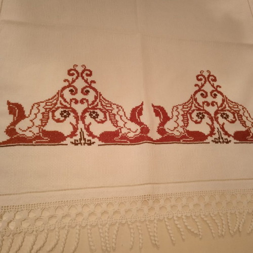Handmade white embroidered table runner tzevres in terracotta-brown shades