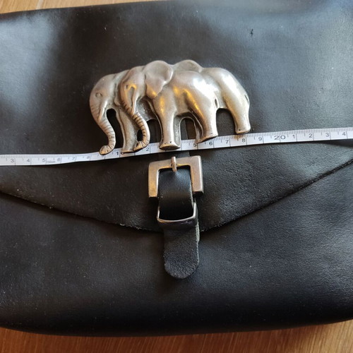 Leather crossbody bag used black with silver elephant buckle