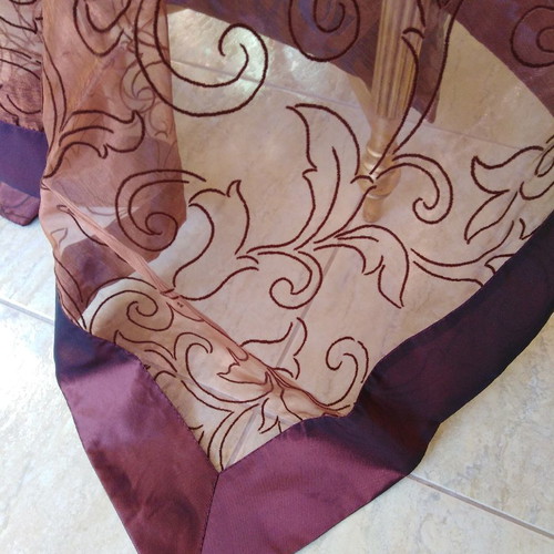 Tablecloth set of five pieces iridescent dark brown, silk organza with embossed flowers and border
